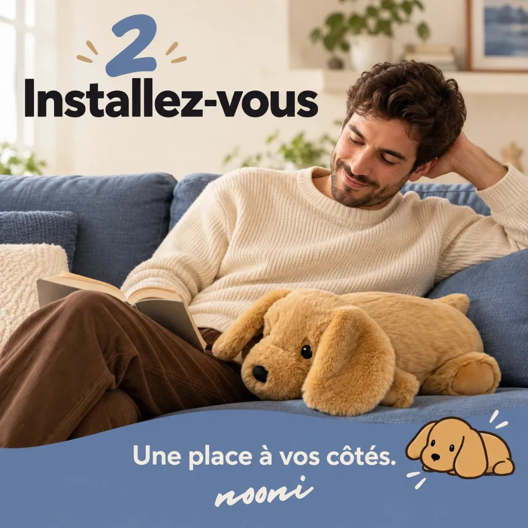 Un adulte installé sur le canapé avec Nooni à ses côtés