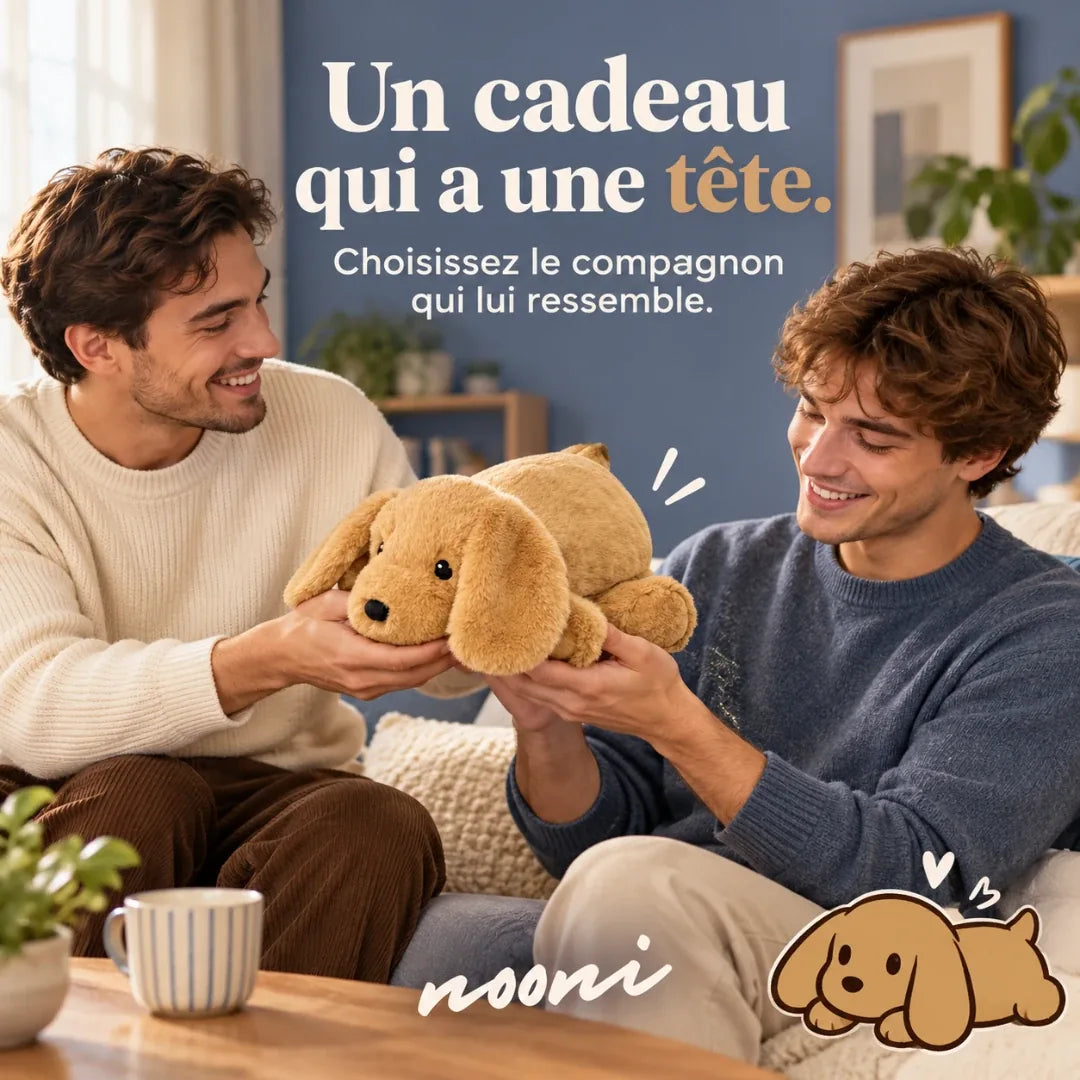 Deux amis s’offrent une peluche Nooni chien