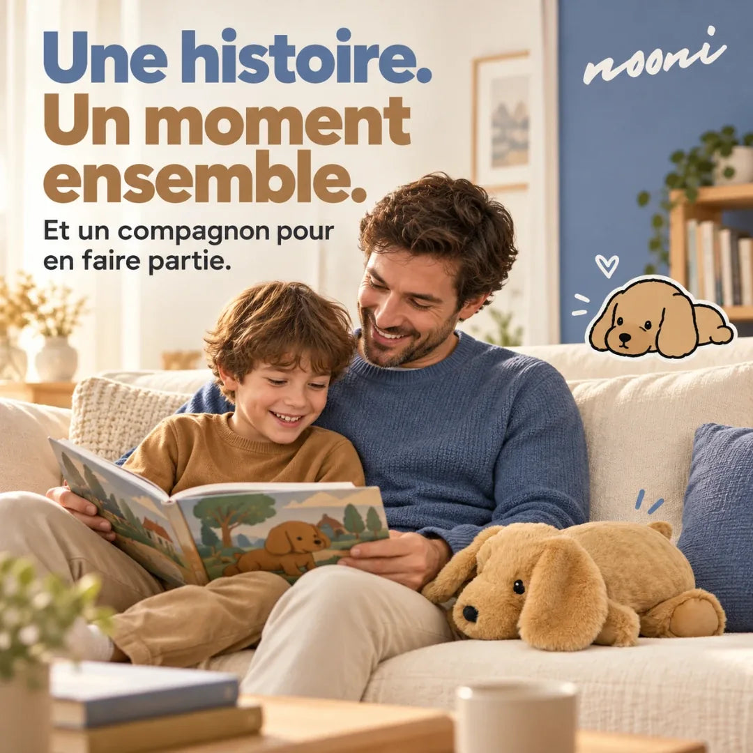 Un papa et son fils lisent une histoire avec la peluche Nooni chien