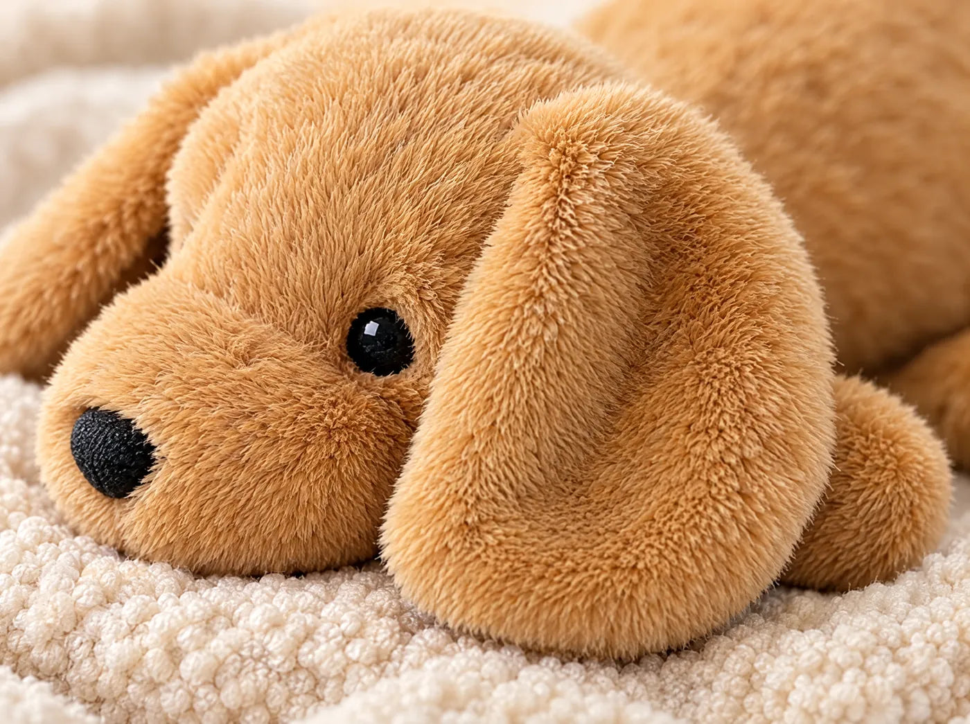 Gros plan sur la fourrure douce et l’oreille de la peluche Nooni chien