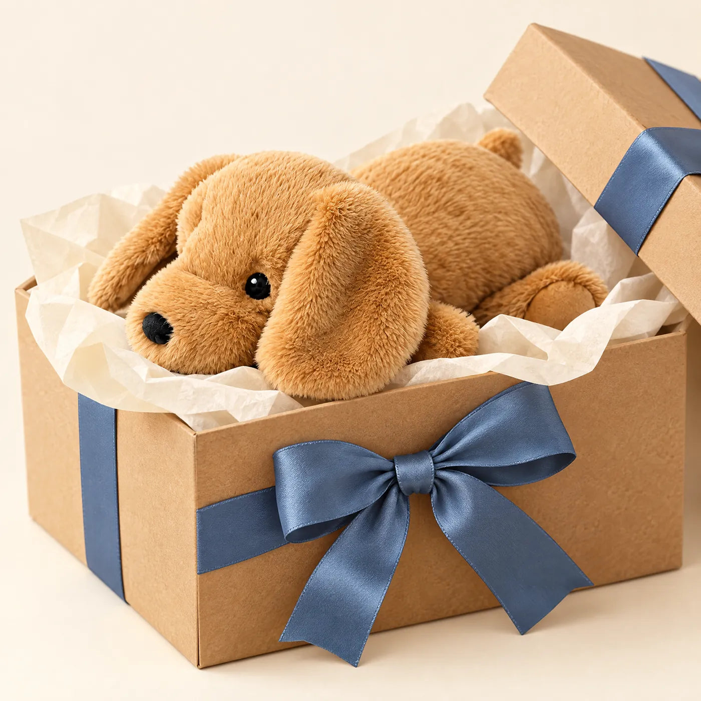 Peluche Nooni chien dans une boîte cadeau en kraft avec un ruban bleu