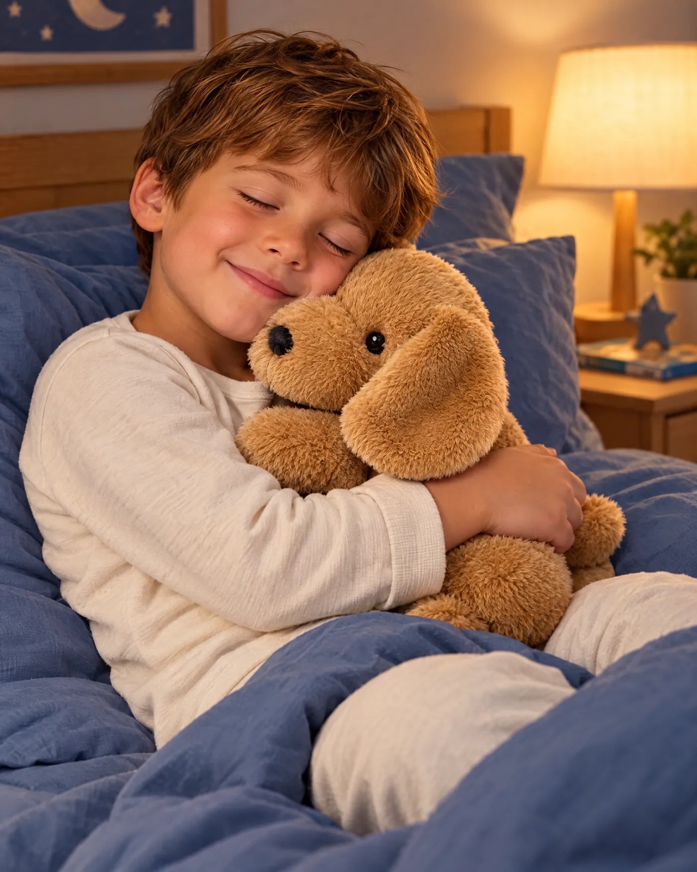 Un petit garçon au lit serre sa peluche lestée Nooni chien contre lui