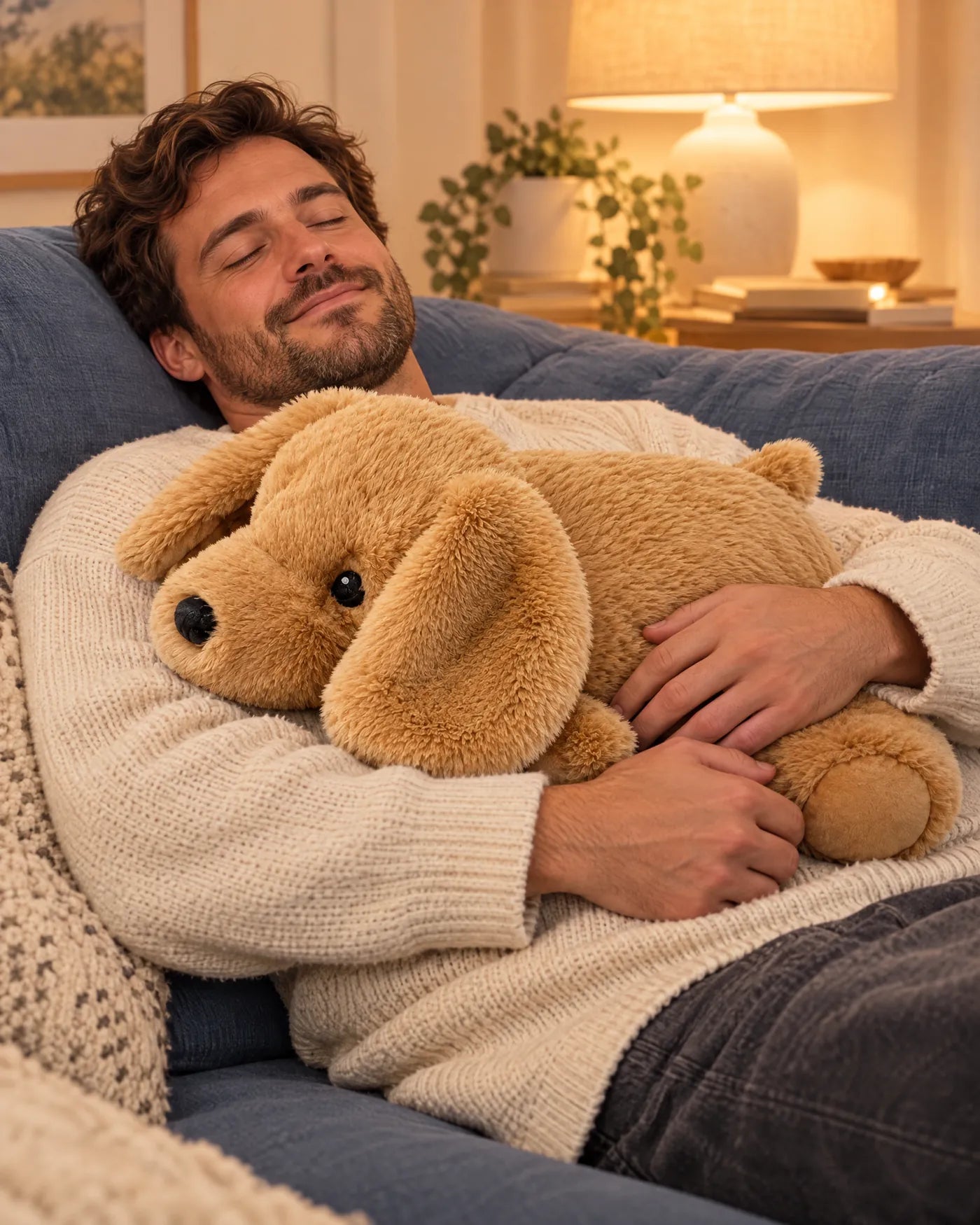 Un homme détendu sur le canapé, les yeux fermés, la grande peluche lestée Nooni chien posée sur lui