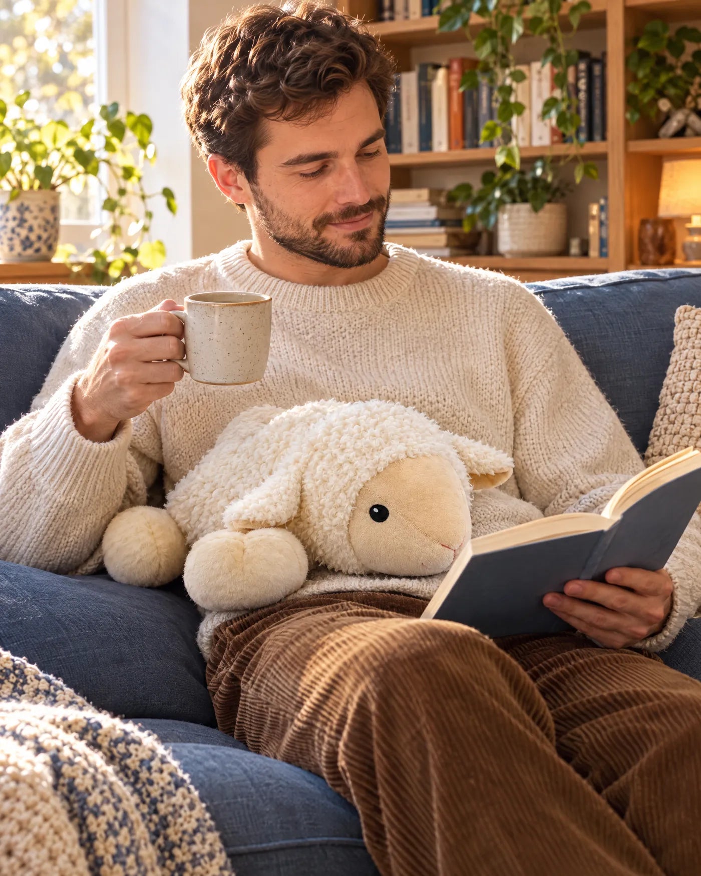 Un homme lit sur le canapé avec une tasse de thé et la peluche Nooni mouton sur les genoux